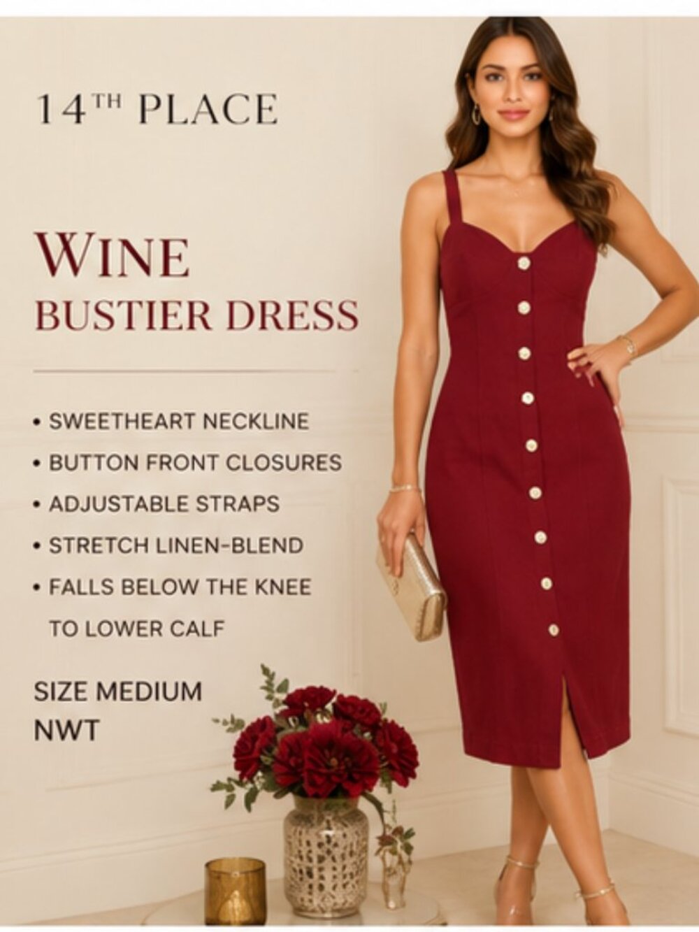 14th Place Wine Bustier Button Front Dress Size M NWT w/ Replacement Button